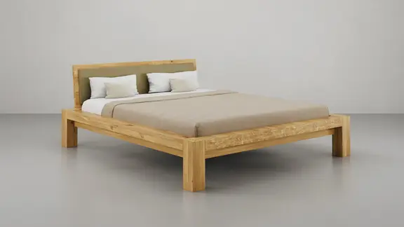 Bett Bamaco Bettmodell Bamaco mit Rückenlehne und olivgrüner Lederpolsterung