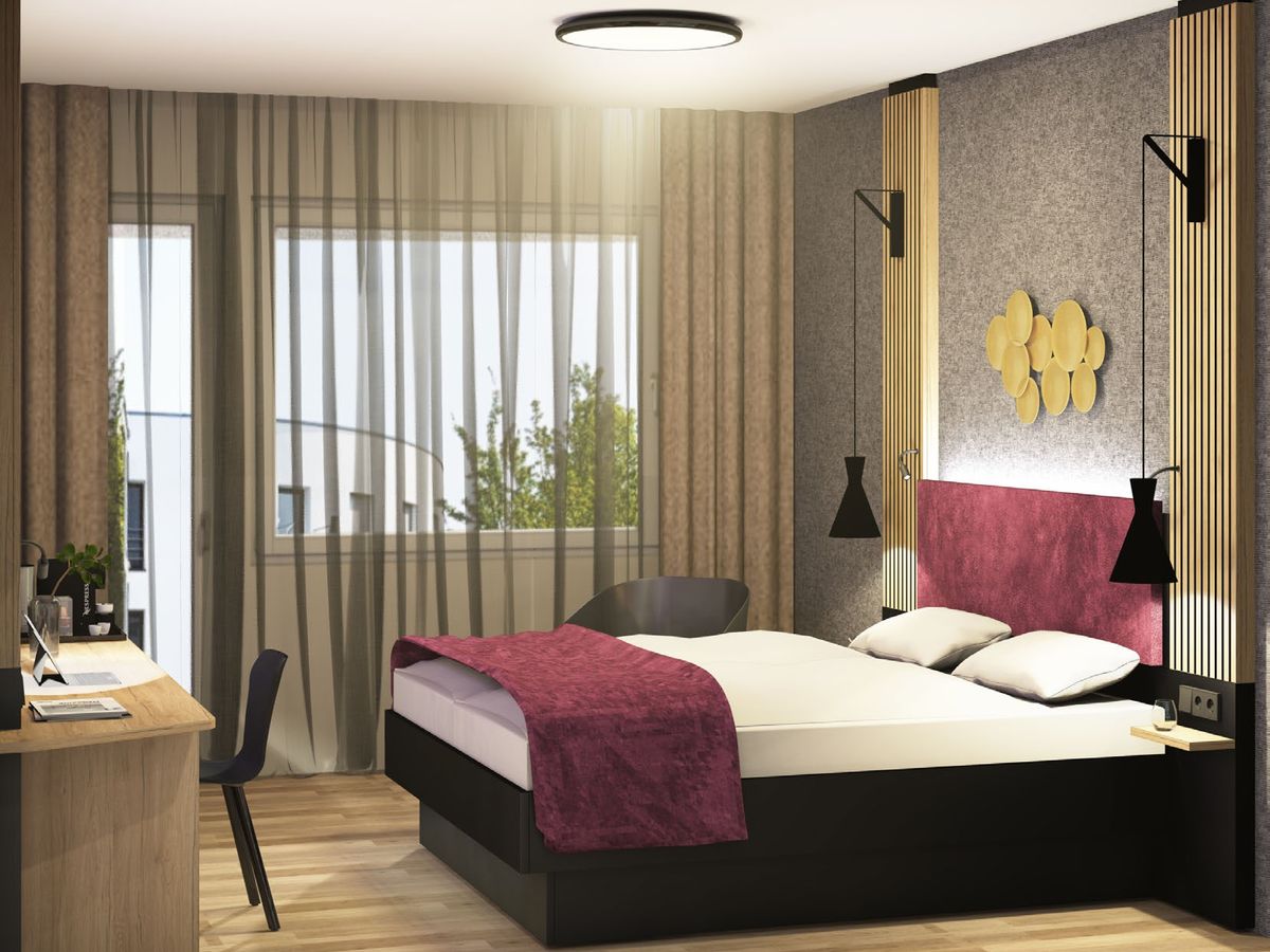 Planungsvisualisierung Doppelzimmer mit Kopfteilwand, Bett und Schreibtisch