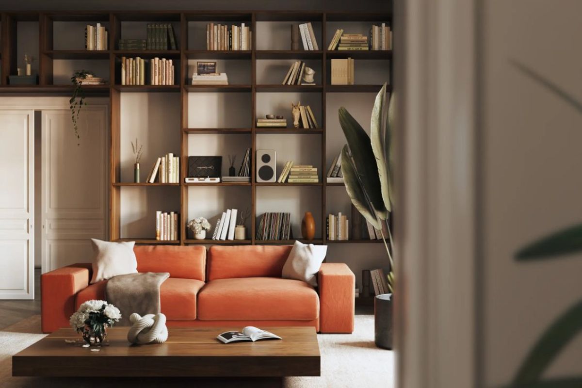 Wohnraum mit Regalwand aus Massivholz